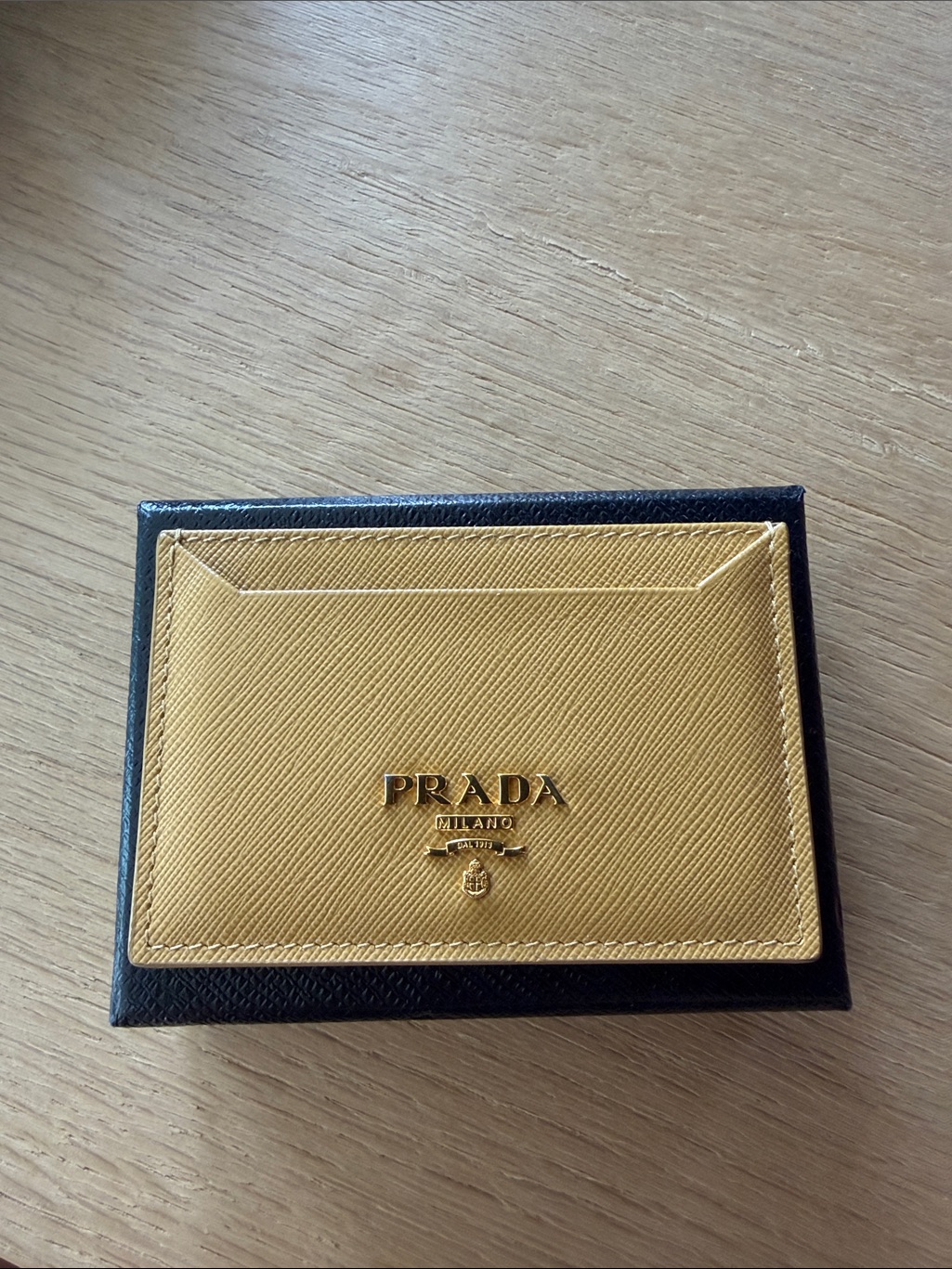 Prada Yellow And Black Saffiano Leather Card Holder With Gold Logo
